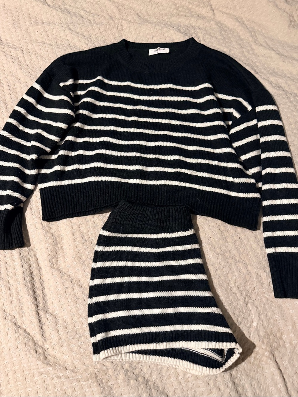 Double Zero Black and White Striped Knit Sweater and Skirt Set